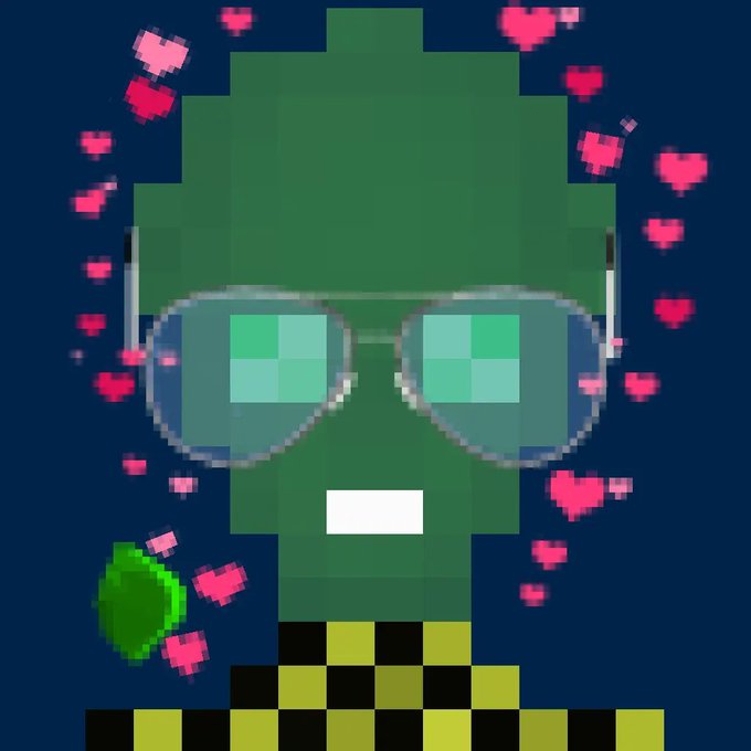 A pixel art portrait of a green alien-like figure wearing large sunglasses with reflective cyan lenses and a checkered yellow-green outfit, surrounded by floating pink hearts on a dark blue background.