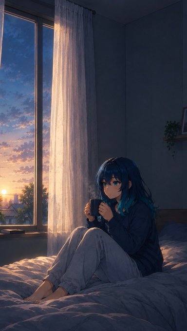 An anime-style illustration depicts a blue-haired girl sitting on a bed holding a steaming mug, with a sunset cityscape visible through a large window beside her.