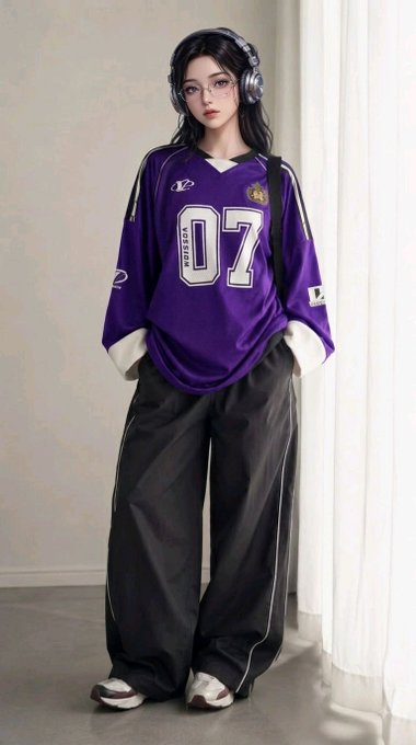 A woman wearing a purple jersey with "07" and "UEDA SHION," headphones, and loose black pants poses indoors.