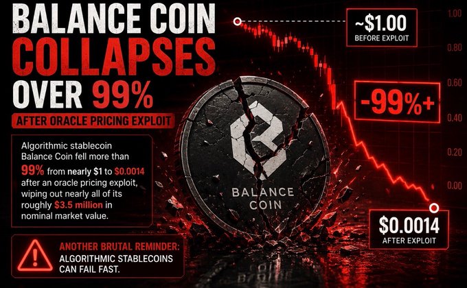 A dramatic red-tinted graphic displays a cracked Balance Coin with a plunging chart showing the algorithmic stablecoin's collapse from ~$1.00 to $0.0014 (a -99%+ drop) following an oracle pricing exploit, with text noting the $3.5 million wipeout and warning that "algorithmic stablecoins can fail fast."