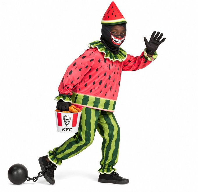 A person wearing a KFC-themed watermelon costume with a creepy clown mask, holding a KFC bucket of fried chicken while chained by the ankle to a black ball.