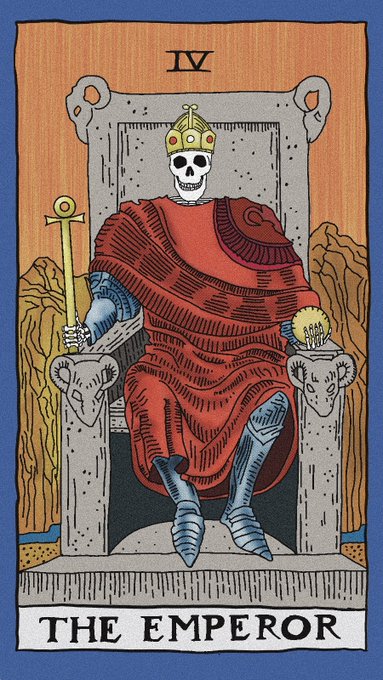 The Emperor tarot card (IV) shows a crowned skeleton seated on a stone throne, wearing red robes and holding a scepter and orb.