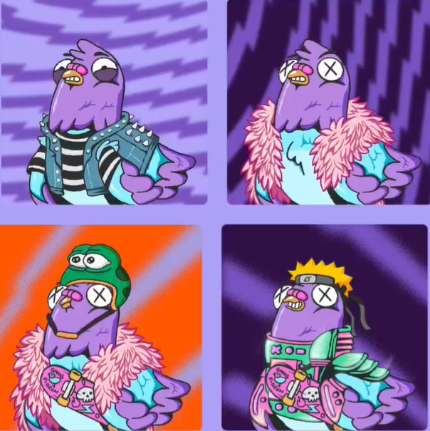 The image features four cartoon birds, each with a unique outfit and pose, arranged in a square format against purple backgrounds. The birds are dressed in various styles of clothing and accessories, showcasing their individual personalities. The first bird stands out from the rest due to its colorful attire and striking pose. The other three birds follow suit, adding to the overall visual appeal of the image. The post highlights these four unique cartoon birds as NFTs (Non-Fungible Tokens) that can be used for various purposes such as collecting or selling artwork.
