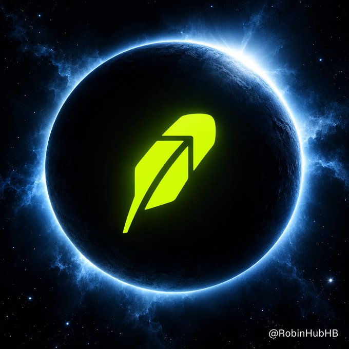 A digital artwork by @RobinHubHB featuring a glowing yellow Robinhood-style feather logo set against a dark planet and a blue cosmic background.