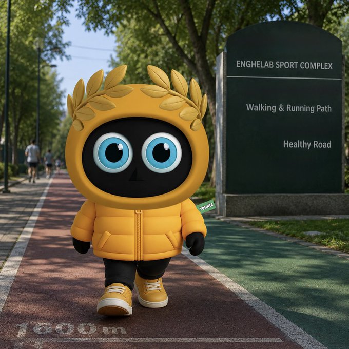 A yellow cartoon mascot character with large blue eyes and a laurel wreath headpiece stands on a 1600m mark of a walking path, with a sign reading 'ENGHELAB SPORT COMPLEX - Walking & Running Path - Healthy Road' in the background.