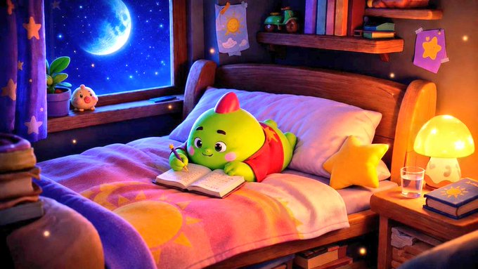 The image features a cartoon green dinosaur laying down on a bed, reading an open book with its head resting on the pillow. The scene takes place at night, as indicated by the presence of a moon visible through a window nearby. The room is decorated with various books and toys scattered around, creating a cozy atmosphere for the cartoon character to enjoy its nighttime reading session.