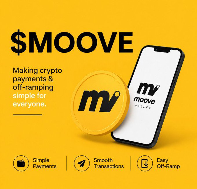 An advertisement for '$MOOVE' on a yellow background, promoting a crypto wallet for 'Making crypto payments & off-ramping simple for everyone' with features like Simple Payments, Smooth Transactions, and Easy Off-Ramp.