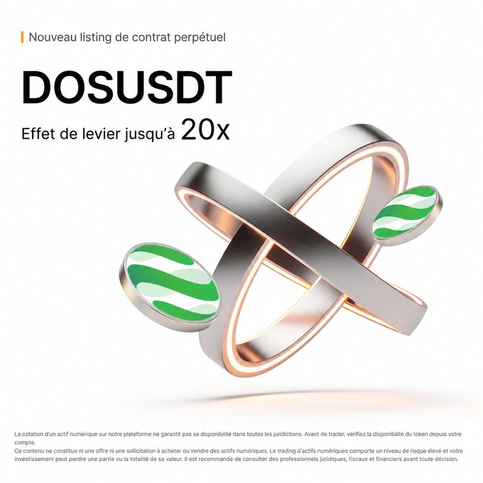 A promotional advertisement displaying 'Nouveau listing de contrat perpétuel' and 'DOSUSDT' with 'Effet de levier jusqu'à 20x', featuring an abstract metallic ring design with green circular accents and disclaimer text at the bottom.