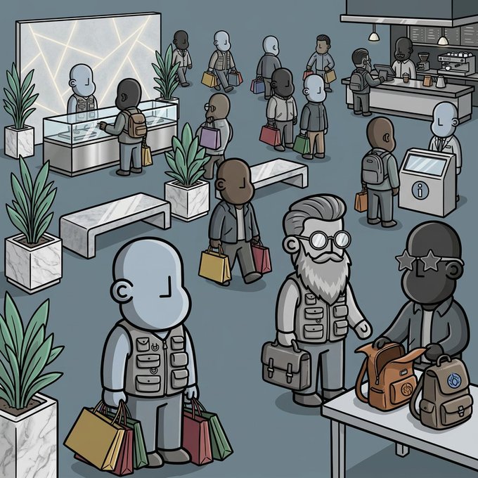 Isometric cartoon illustration of a busy retail store interior with various shoppers carrying shopping bags, a display counter, plants, and a clerk behind a counter.