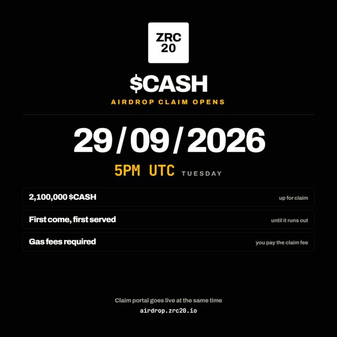 The image is a promotional graphic announcing the $CASH airdrop claim opening on 29/09/2026 at 5PM UTC, with 2,100,000 $CASH tokens available on a first-come, first-served basis via airdrop.zrc20.io. It aligns with the post by highlighting the eligibility check and claim start date for the ZRC20 $CASH airdrop.