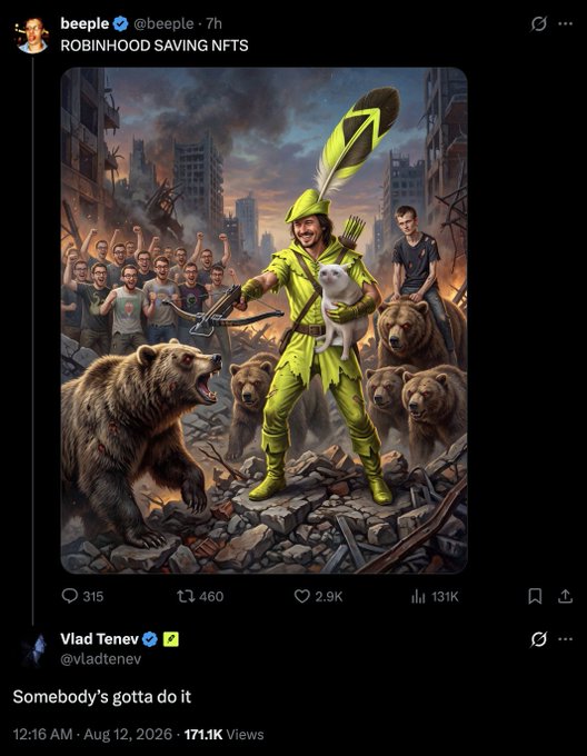 The image shows Beeple's AI-generated artwork titled "ROBINHOOD SAVING NFTS," depicting a Robin Hood figure in green rescuing a small white dog while being followed by bears, with Vladimir Tenev's quote "Somebody's gotta do it" below it—responding to Beeple's post about Robinhood's role in preserving NFTs, as noted in the accompanying context.