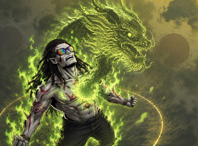 The image features a man with dreadlocks wearing sunglasses and holding a gun, standing next to a dragon that has flames coming out of its mouth. The background consists of a dark green color, which contrasts with the fiery dragon's appearance. The caption reads "Yo, In the shadowed veins of Midgard, where the veil between realms thins and ancient fires stir, the 66 Devils of @DevilsSOL666 have been chosen".