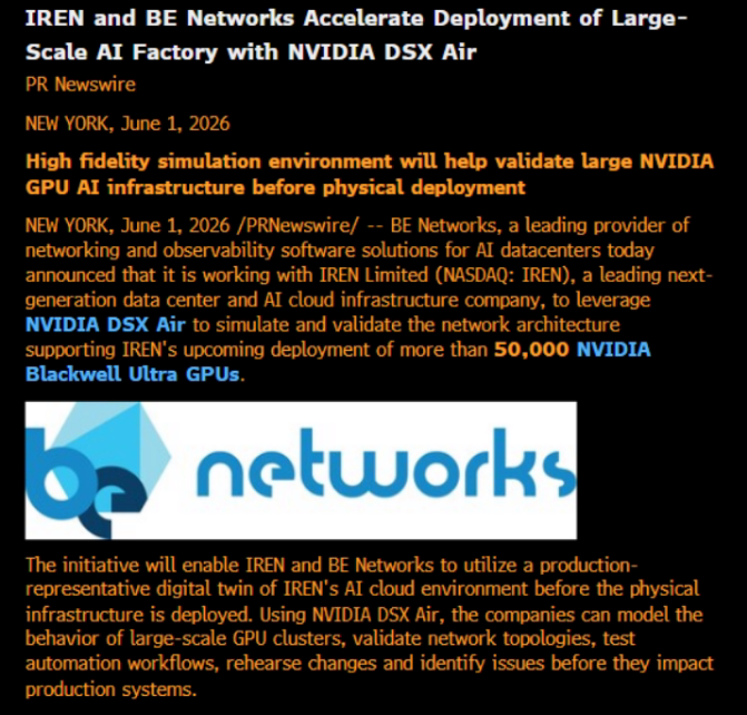 The image shows a black background with white text that reads "IREN and BE networks accelerate deployment of large-scale AI factory with NVDIA DSX Air". The text also mentions that the company is working on high-fidelity simulation environments, which could be used for validation purposes in the context of the NVDIA DSX Air project.