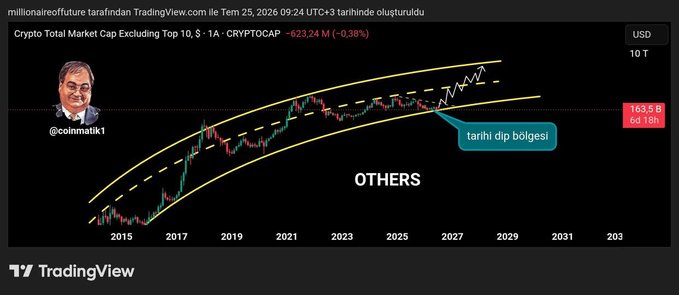 A TradingView chart titled "Crypto Total Market Cap Excluding Top 10, $" (CRYPTOCAP:OTHERS) shows price action within a yellow parabolic channel extending from 2015 to 2031, with a blue annotation marking the current price of $163.5 B (-0.38%) as touching the "dip bölgesi" (bottom zone) of the channel, posted by @coinmatik1. The caption notes that the OTHERS monthly chart has reached the dip zone of its parabolic channel, suggesting a reaction rally is expected, possibly in August tied to the Clarity Act's 60 Senate votes.