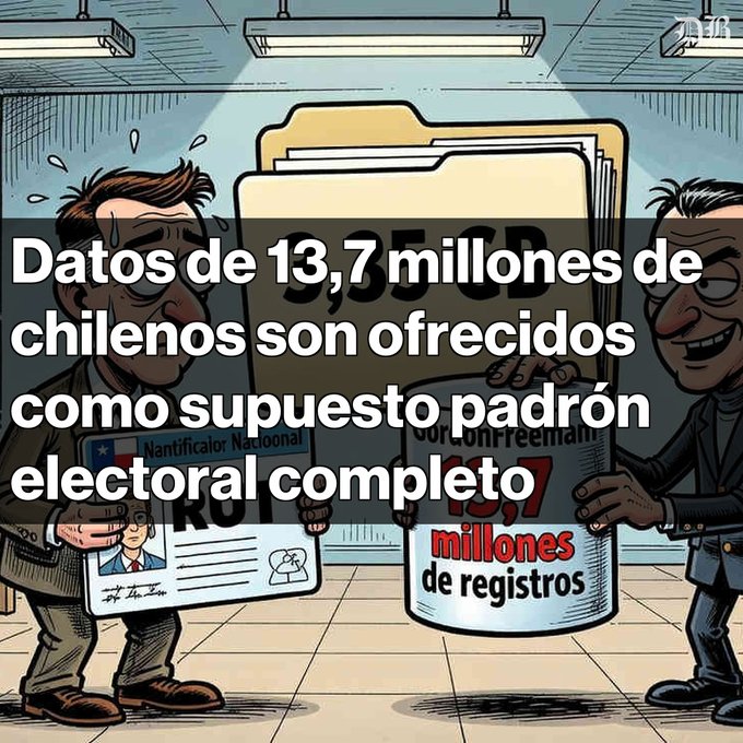 A cartoon illustration showing two men exchanging data, with Spanish text overlay reading 'Datos de 13,7 millones de chilenos son ofrecidos como supuesto padrón electoral completo' (Data of 13.7 million Chileans offered as supposed complete electoral roll).