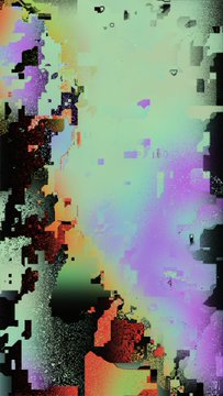 An abstract, glitchy image composed of pixelated blocks in green, purple, orange, and black hues.
