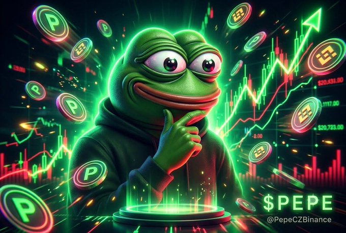 A Pepe the Frog meme illustration depicts the character surrounded by glowing cryptocurrency coins and a rising green chart, labeled '$PEPE @PepeCZBinance'.