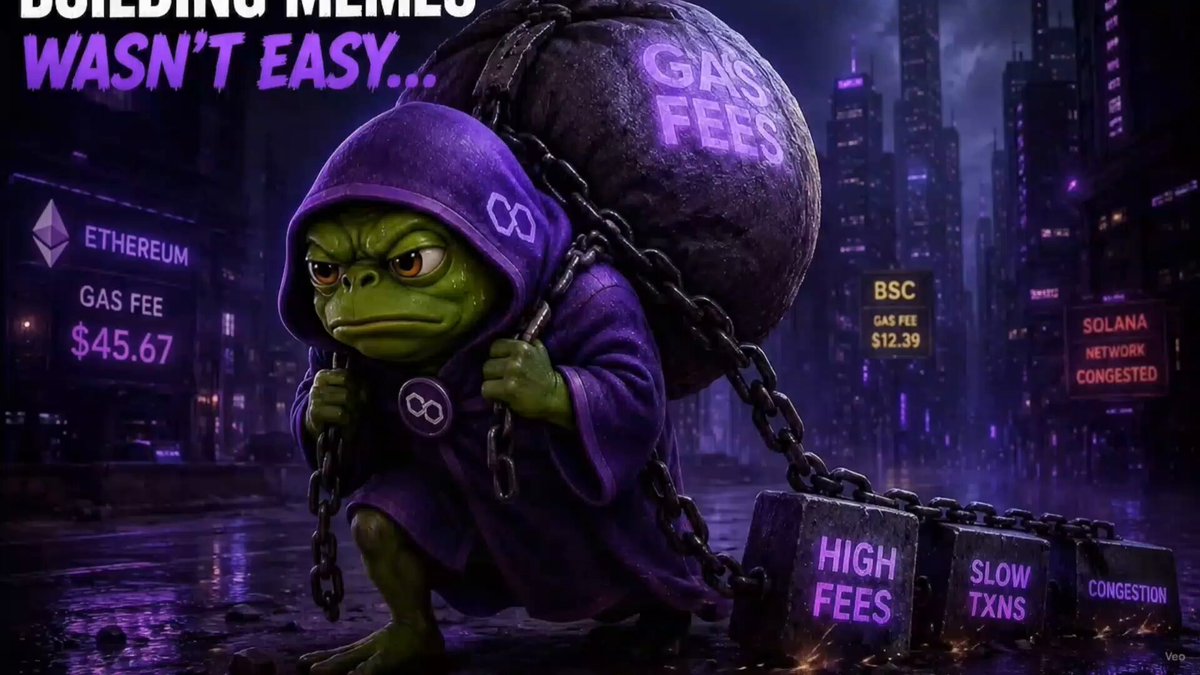 The image features a cartoon frog holding a backpack full of money, appearing to pull objects behind him with his mouth, possibly as part of an Easter egg or meme. Below this scene, there is a text overlay explaining that this digital art project was built using Polygon and APEPECreator. A link is provided for the original post on APEPE_MEME where it's described as "built on Polygon where speed meets creativity", and someone referred to it as @APEPECreator #0xPolygon, emphasizing that this project is a part of the community.