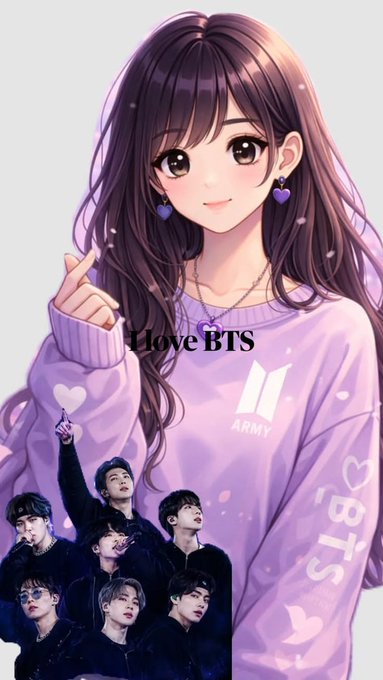 An anime-style girl in a purple BTS ARMY sweater makes a finger-heart gesture, with a collage of BTS members and the text 'I love BTS' below.