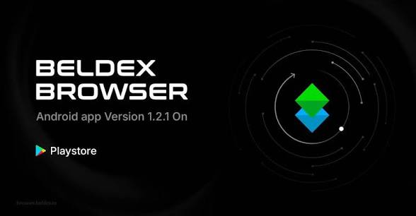 An advertisement for Beldex Browser Android app Version 1.2.1, available on Playstore, with a green and blue logo.