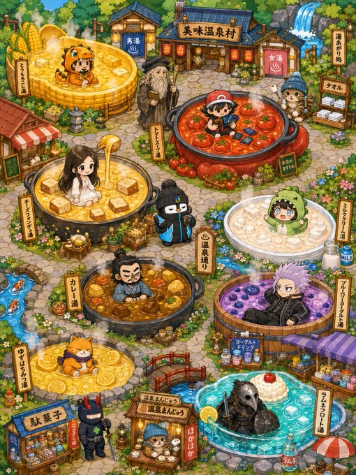 A pixel art illustration of a '美味温泉村' (Delicious Hot Spring Village) featuring various characters and creatures relaxing in different themed hot springs, including a ninja in ninja-themed soup, a girl in tofu hot pot, and a samurai in blueberry hot spring, each with Japanese labels.