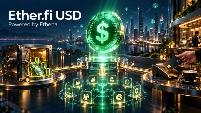 The image shows a futuristic financial concept scene with the text "Ether.fi USD" and "Powered by Ethena" prominently displayed, featuring a glowing green dollar sign, a payment terminal being used, and digital icons representing various financial services like banking, charts, and transactions, visually representing EtherFi's new stablecoin and its integration into everyday payment and financial ecosystems.
