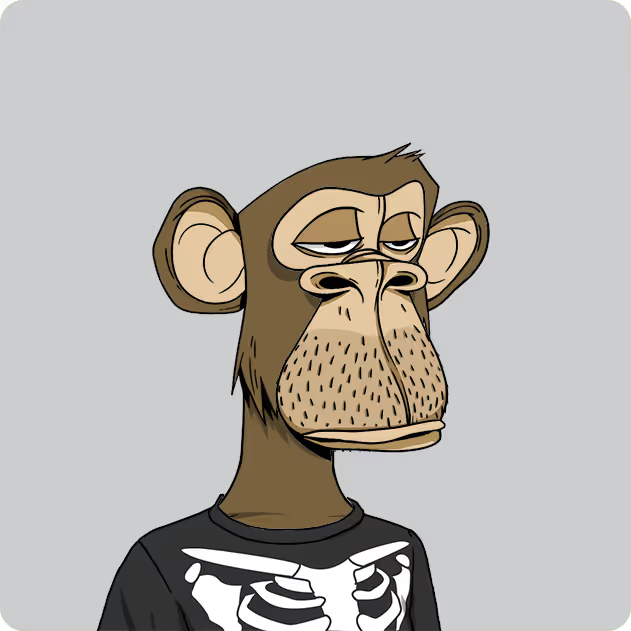 A cartoon illustration of a bored-looking Bored Ape-style monkey wearing a black shirt with a white skeleton ribcage design on a plain gray background.