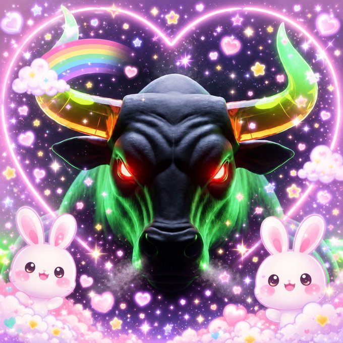 A vibrant digital artwork featuring a black bull with glowing red eyes and rainbow horns, surrounded by pink hearts, stars, clouds, and two cute cartoon bunnies.