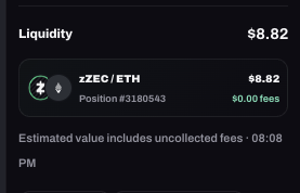 The image shows a "Liquidity" dashboard card displaying a $8.82 position for the zZEC/ETH pair, identified as Position #3180543, with 68.82 tokens and $0.00 in fees, noting the estimated value includes uncollected fees as of 08:08 PM. This visually demonstrates the "LP position tracking right from the dashboard" feature mentioned in the post about zZEC/ETH liquidity on zealz.fun.