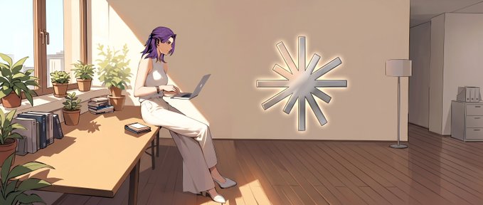 An anime-style illustration of a purple-haired woman in white clothing using a laptop while sitting on a windowsill with potted plants, with a starburst logo on the wall behind her.