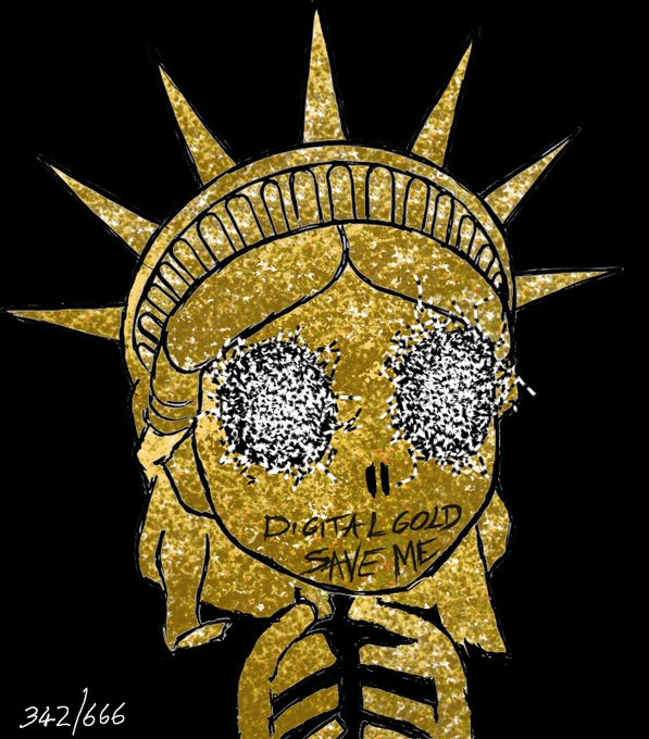 A glittery gold illustration of a skeleton wearing a spiked crown with 'DIGITALGOLD SAVE ME' written on its face, and '342/666' in the bottom left corner.