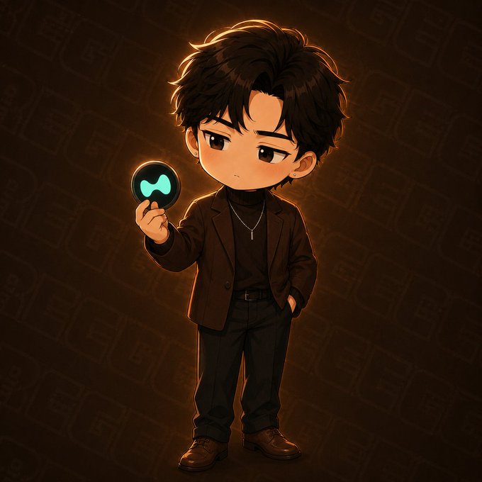 A chibi-style digital illustration of a young man with messy dark hair wearing a brown blazer and black outfit, holding up a small glowing blue emblem, set against a brown brick-textured background.