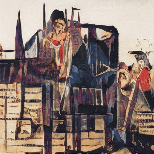 An abstract expressionist painting with dark blue, brown, and red tones depicting fragmented figures and urban-like structures in a chaotic composition.