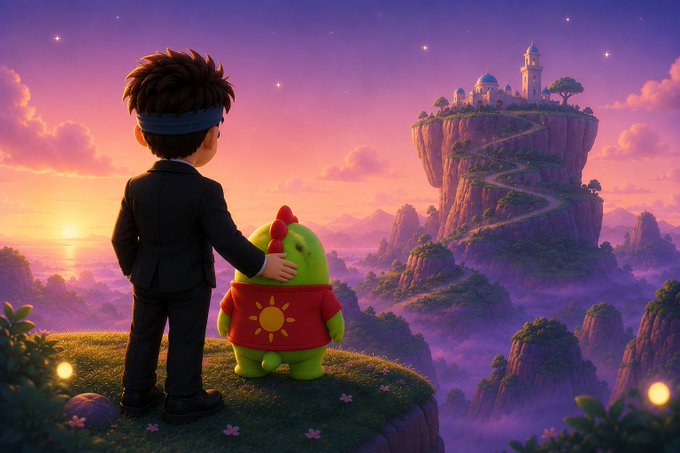 A stylized 3D animated illustration showing a boy in a suit and a green creature in a red sun-patterned shirt standing on a cliff, looking out at a floating island with a castle at sunset.