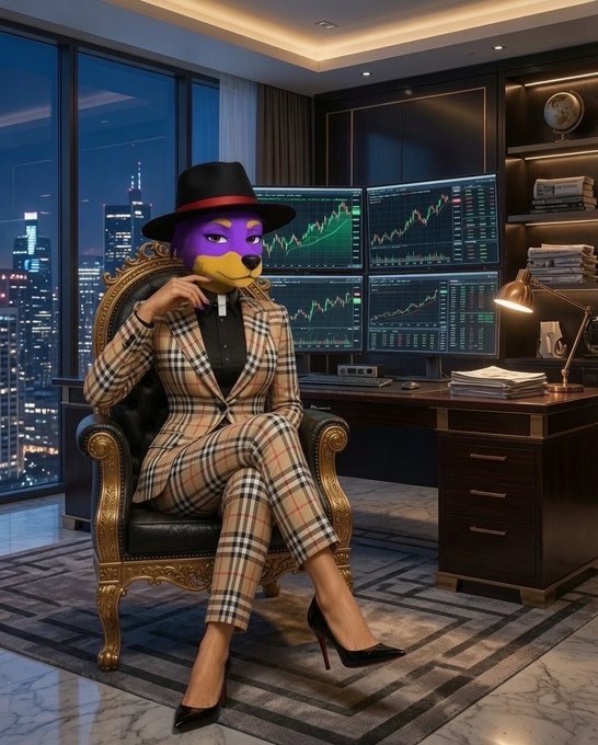 An anthropomorphic purple and yellow dog character wearing a black hat and Burberry plaid suit, sitting in an ornate chair in front of trading monitors displaying green bull market charts.