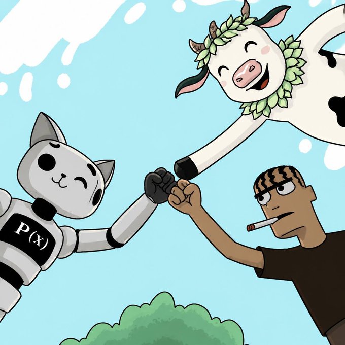 A cartoon illustration showing a robot with 'P(x)' on its chest, a cow with a green leaf wreath, and a man with a cigarette bump fists together against a light blue sky with clouds.