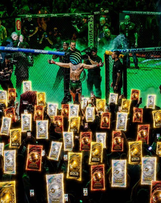 Conor McGregor stands victorious inside the octagon with arms outstretched, while fans in the foreground hold up dozens of glowing Topps UFC trading card packs labeled "GOLD," showcasing their card pulls in response to the request.