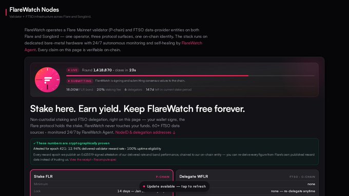 Screenshot of FlareWatch Nodes website showing validator information with text 'Stake here. Earn yield. Keep FlareWatch free forever.' and a LIVE indicator with round 1,438,870.