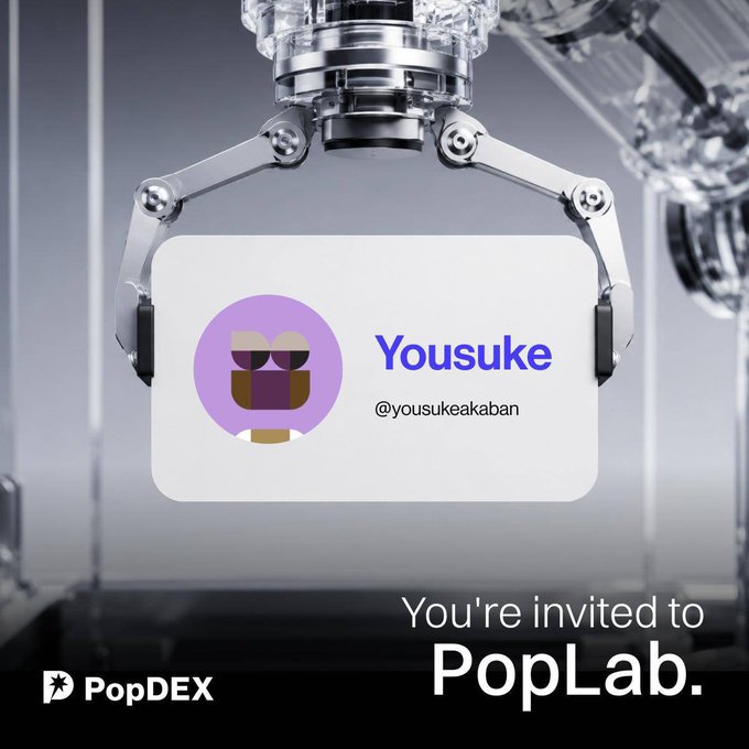 A robotic hand holding an invitation card displaying the "Yousuke" profile (@yousukeakaban) with the text "You're invited to PopLab." and the PopDEX logo. The image visually represents the invitation announcement for PopDEX's lab, tying into the post about trying out Pop DEX's testnet ahead of its mainnet launch.