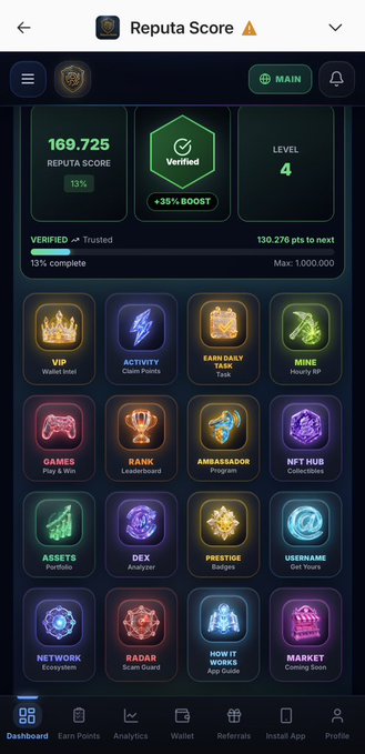 The image shows a mobile dashboard for "Reputa Score" displaying a user's score of 169.725 at Level 4 with a 13% verification progress and a +35% boost, alongside various feature tiles like VIP, Activity, Games, and Market. This directly illustrates the post's message, as Reputa Score is presented as an example of a Mainnet DApp within the Pi Network ecosystem where users can explore Pi's practical utility.