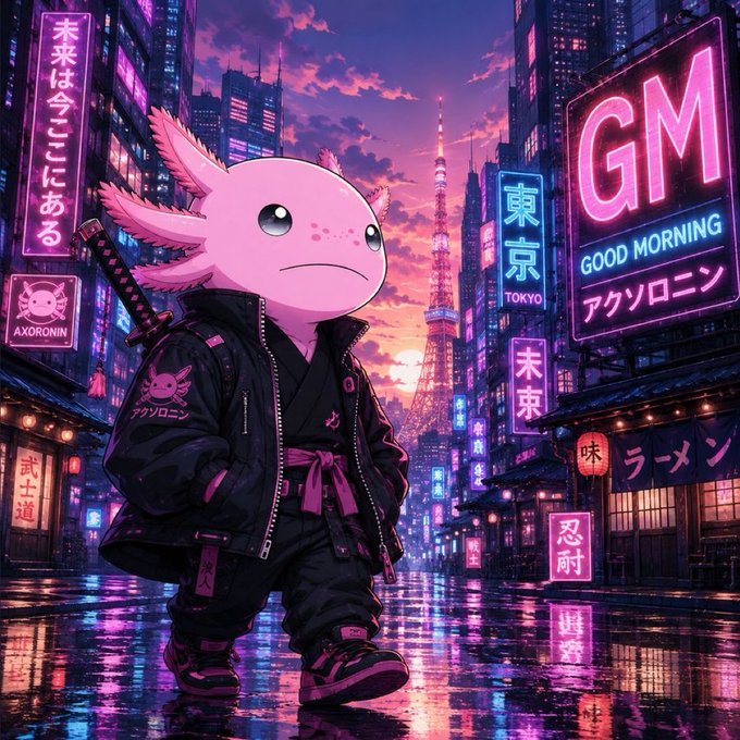 A digital illustration depicts a pink axolotl character wearing a black streetwear jacket and carrying a katana, standing in a neon-lit cyberpunk Tokyo street at sunset with a 'GM GOOD MORNING' sign and 'AXORONIN' branding visible.