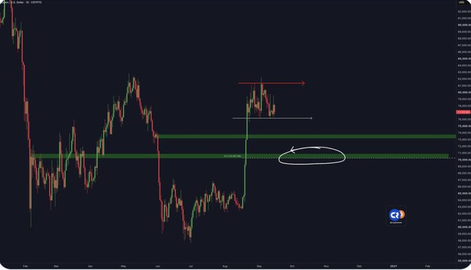 A Bitcoin (BTC/USD) candlestick chart on TradingView displays a price range between approximately $76,000–$88,000, with a white oval highlighting a key support/entry zone around $77,000 and a red arrow marking a resistance level near $88,000, visually corresponding to the trader's commentary about a potential entry zone with clear stop-loss placement and downside risk if support breaks.