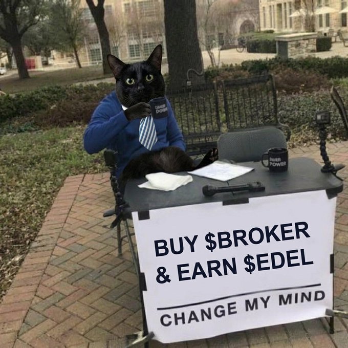 A humorous photo of a black cat dressed in a blue shirt and tie, sitting at a desk outdoors holding a 'GMER DOWN' mug, with a sign reading 'BUY $BROKER & EARN $EDEL — CHANGE MY MIND' propped in front.