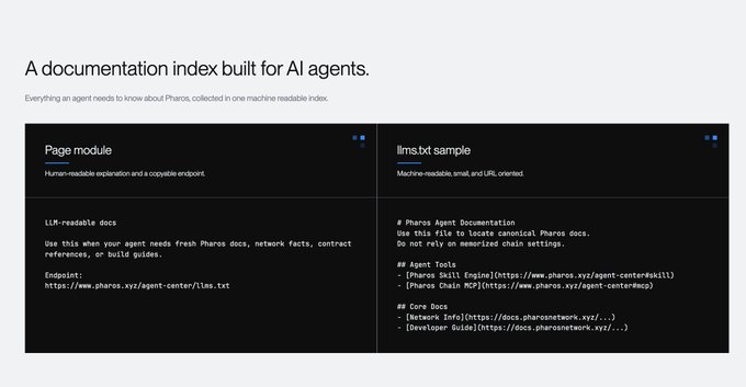 A webpage titled 'A documentation index built for AI agents' describing Pharos Agent Documentation, with sections for 'Page module' and 'llms.txt sample' including URLs to pharos.xyz resources.