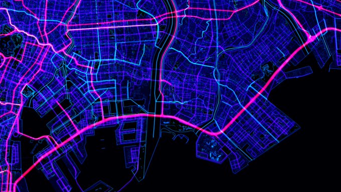 A stylized neon map visualization showing city streets and roads illuminated in vibrant blue and pink/magenta colors against a black background.