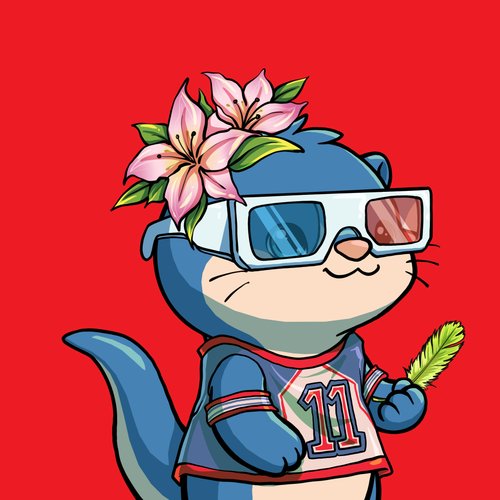 A cartoon illustration of an otter wearing a '3D' glasses, a floral crown, and a jersey with the number 11, holding a small leaf.
