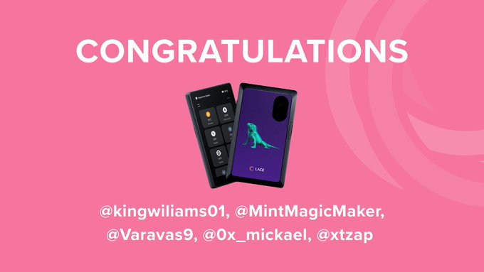A pink promotional graphic congratulating '@kingwilliams01, @MintMagicMaker, @Varavas9, @0x_mickael, @xtzap' with images of smartphones.