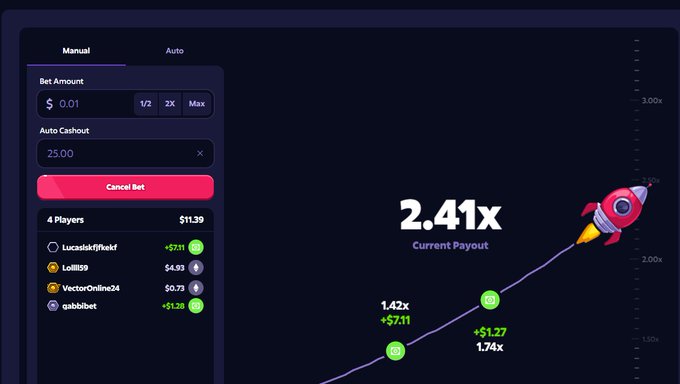 A screenshot of a crash gambling game interface showing a rocket flying upward with a current payout of "2.41x" and a betting panel on the left.