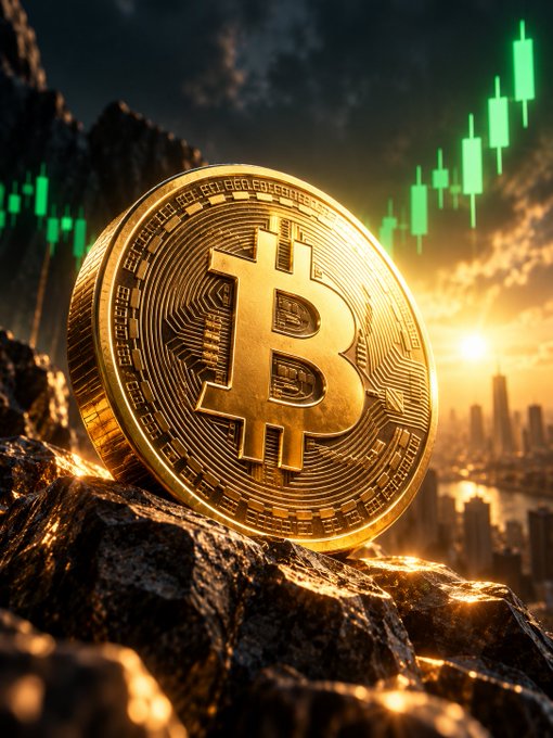 A dramatic image of a large golden Bitcoin coin resting on rocks, with green candlestick chart bars and a sunset cityscape in the background.