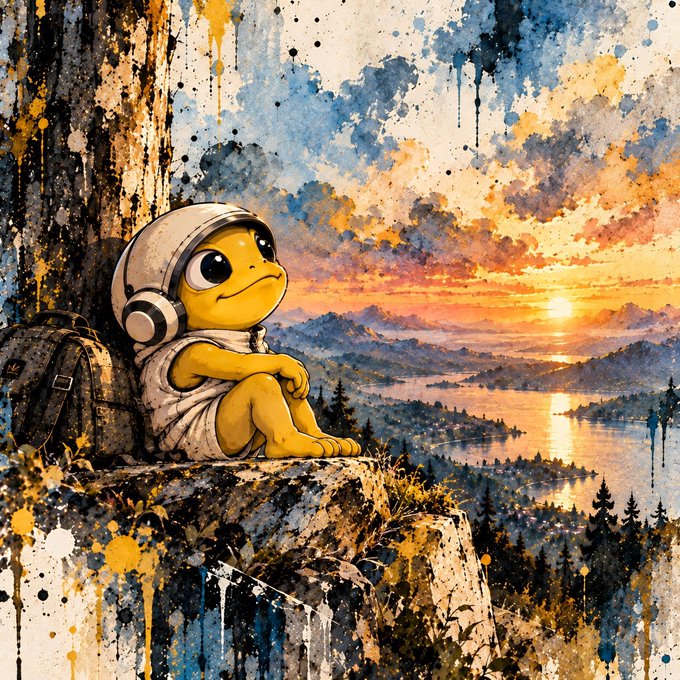 A yellow turtle wearing headphones and a space helmet sits on a rocky cliff beside a backpack, gazing pensively at a watercolor sunset over a distant lake and mountain range. The image visually echoes the post's theme of "$TURBO" looking toward the horizon, capturing a contemplative moment of visionary stillness before the next journey.
